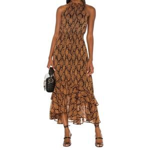 MINKPINK Bedouin Beauty Smocked Collar Flounce Hem Orange & Black Midi Dress M